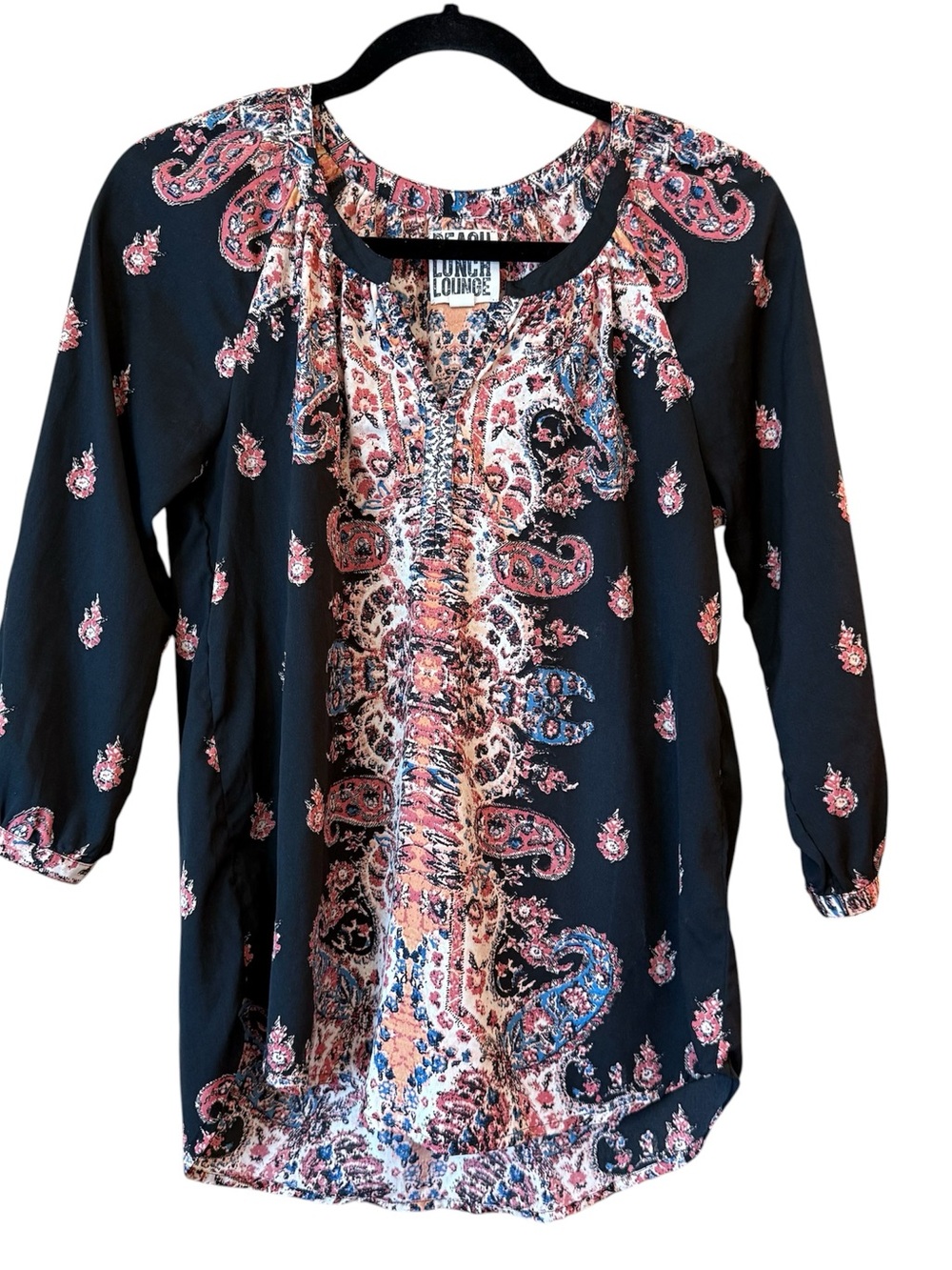 Beachlunchlounge Boho Black Pink Blue Paisley Blouse 3/4 Sleeve Extra Small